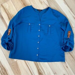 Notations Button Down Blue Top With Leather Sleeve Accents Clips Size PXL